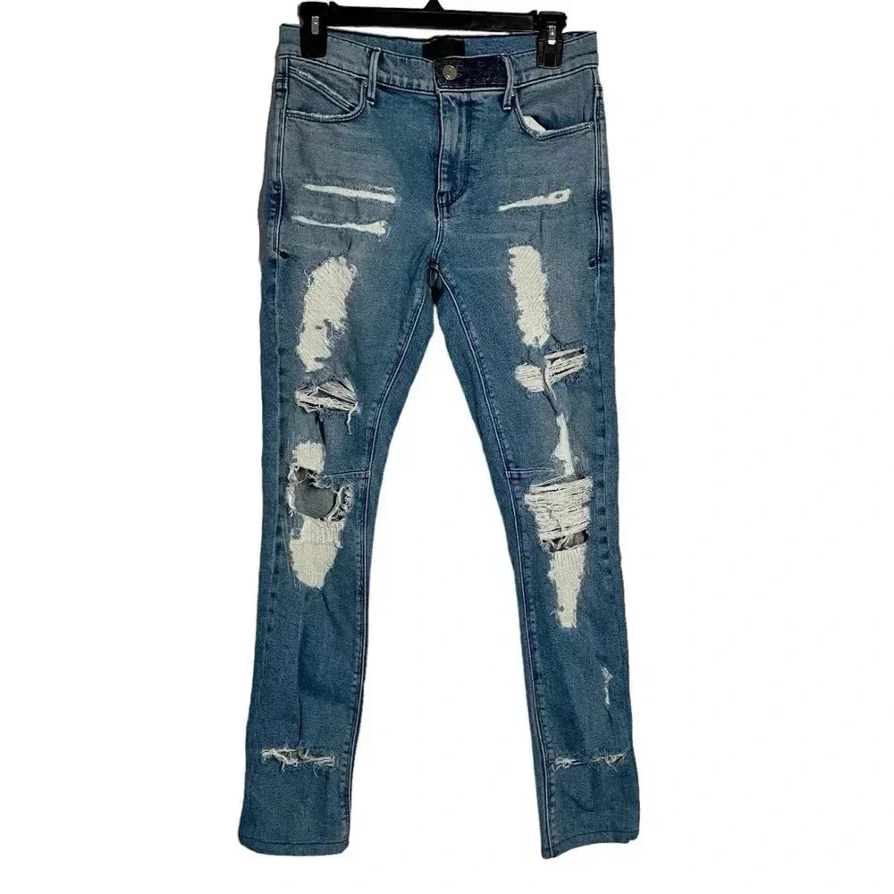 RtA Bryant Skinny Fit Distressed Frayed Jeans Med Blue Denim Wash Men Size 28